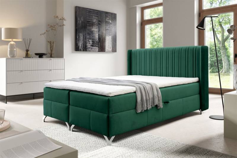 Boxspringbett Schlafzimmerbett DAMIEN 200x200cm Stoff Salvador Flaschengrün von Fun Möbel
