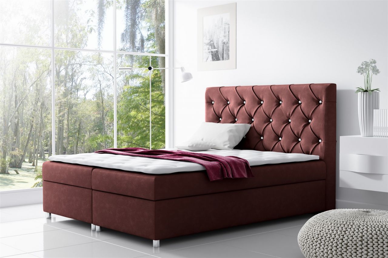 Boxspringbett Schlafzimmerbett DOLCE Polyesterstoff Weinrot 120x200cm von Fun Moebel