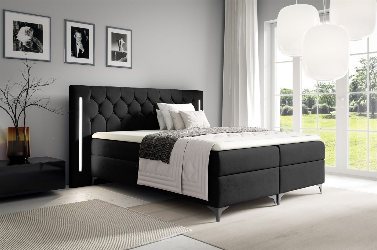 Boxspringbett Schlafzimmerbett ELODIE 180x220cm Schwarz inkl. Ambiente-LED von Fun Möbel