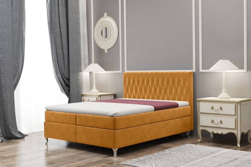 Boxspringbett Schlafzimmerbett ESME 180x220cm in Stoff Riviera Goldgelb von Fun Moebel