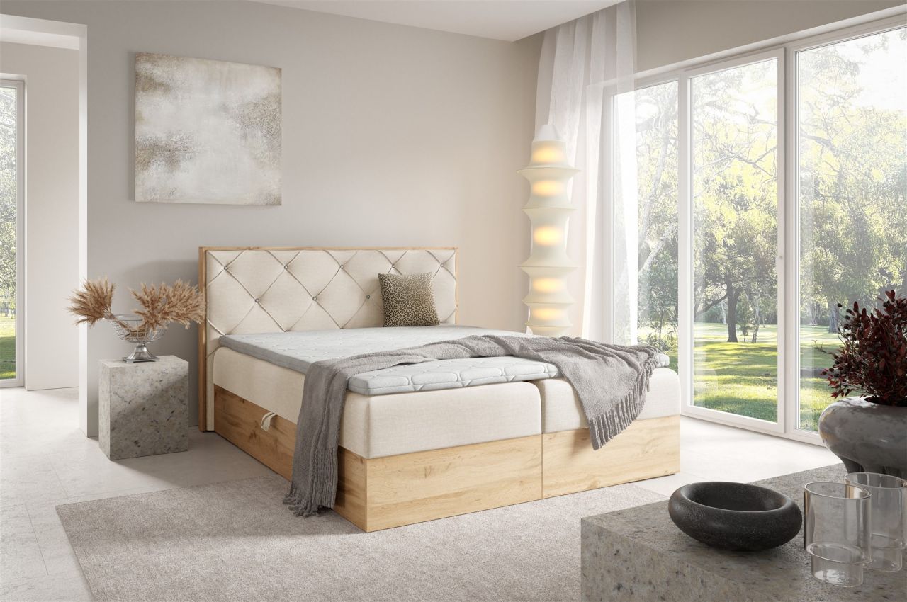 Boxspringbett Schlafzimmerbett HELIOS 200x220cm in Stoff Rouge Creme von Fun Möbel