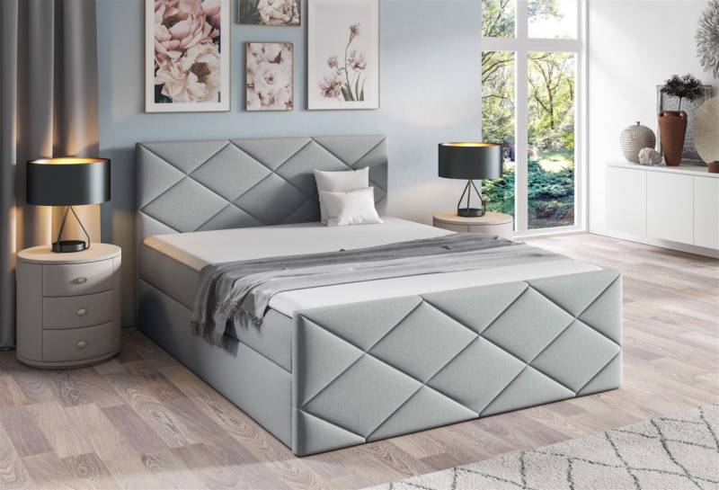 Boxspringbett Schlafzimmerbett KOSMOS 140x200cm Stoff Monolith Hellgrau von Fun Moebel