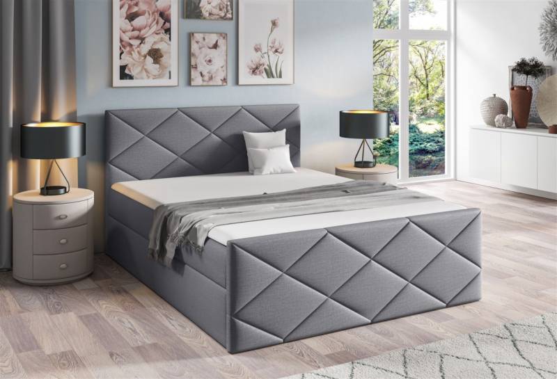 Boxspringbett Schlafzimmerbett KOSMOS 140x220cm Stoff Fancy Grau von Fun Moebel