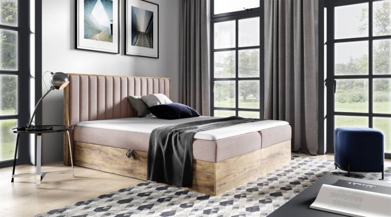 Boxspringbett Schlafzimmerbett MARCOS 140x200cm Stoff Altrosa inkl. Bettkasten von Fun Moebel