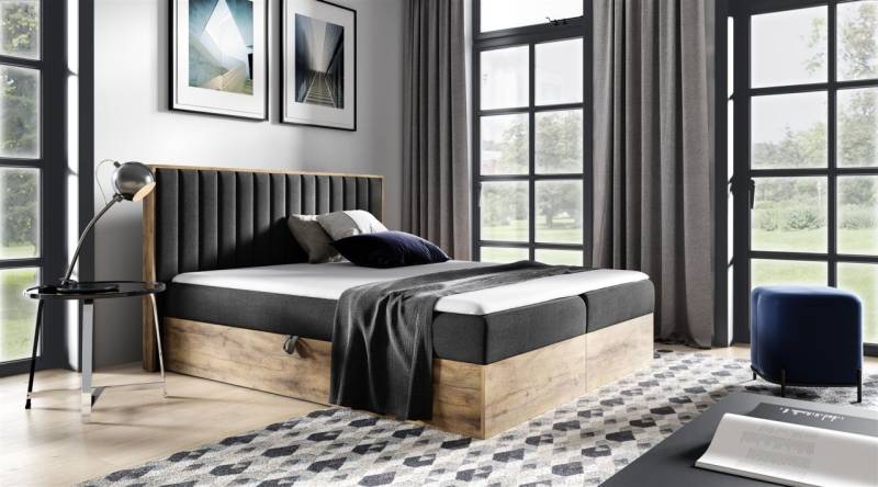 Boxspringbett Schlafzimmerbett MARCOS 200x200cm Stoff Schwarz inkl. Bettkasten von Fun Moebel