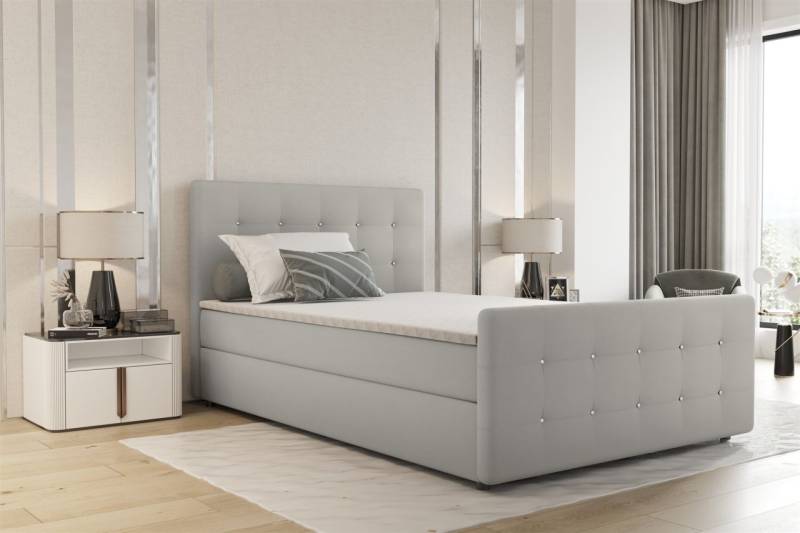 Boxspringbett Schlafzimmerbett MARKOS 140x220cm Stoff Soro Hellgrau inkl. Topper von Fun Möbel