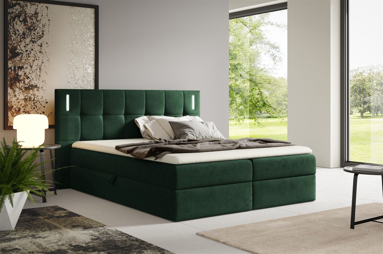 Boxspringbett Schlafzimmerbett MARTIM PREMIUM 140x200cm Stoff Fresh Flaschengrün von Fun Möbel