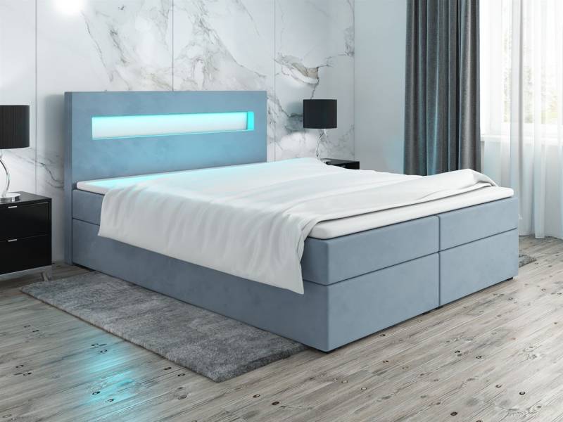 Boxspringbett Schlafzimmerbett PAROZO 200x200cm Stoff Hellblau inkl. Bettkasten von Fun Moebel