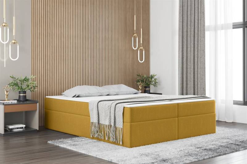 Boxspringbett Schlafzimmerbett PRIMA 180x200cm Stoff Gelb inkl. Bettkasten von Fun Möbel