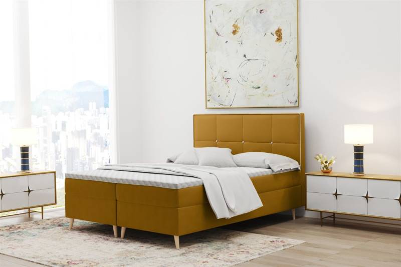 Boxspringbett Schlafzimmerbett RENAN 200x220cm in Stoff Riviera Goldgelb von Fun Moebel