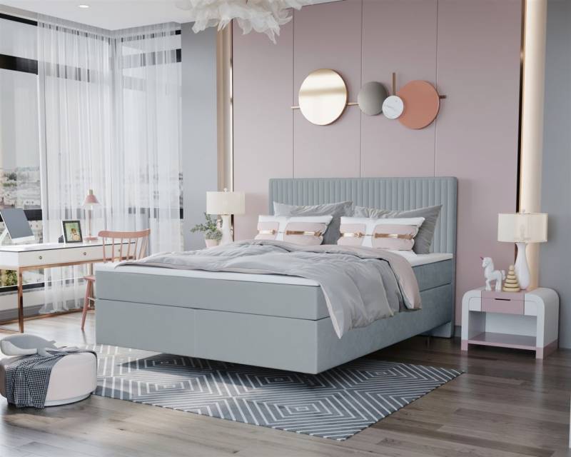 Boxspringbett Schlafzimmerbett ROCIO Nr.2 Premium 120x200cm in Stoff Hellgrau von Fun Moebel