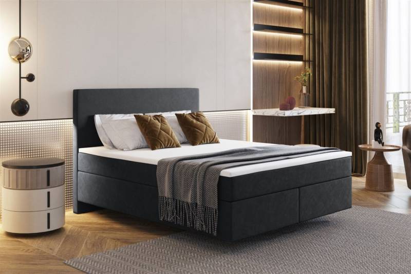 Boxspringbett Schlafzimmerbett ROCIO Nr.5 Delux 200x200cm in Stoff Schwarz von Fun Moebel