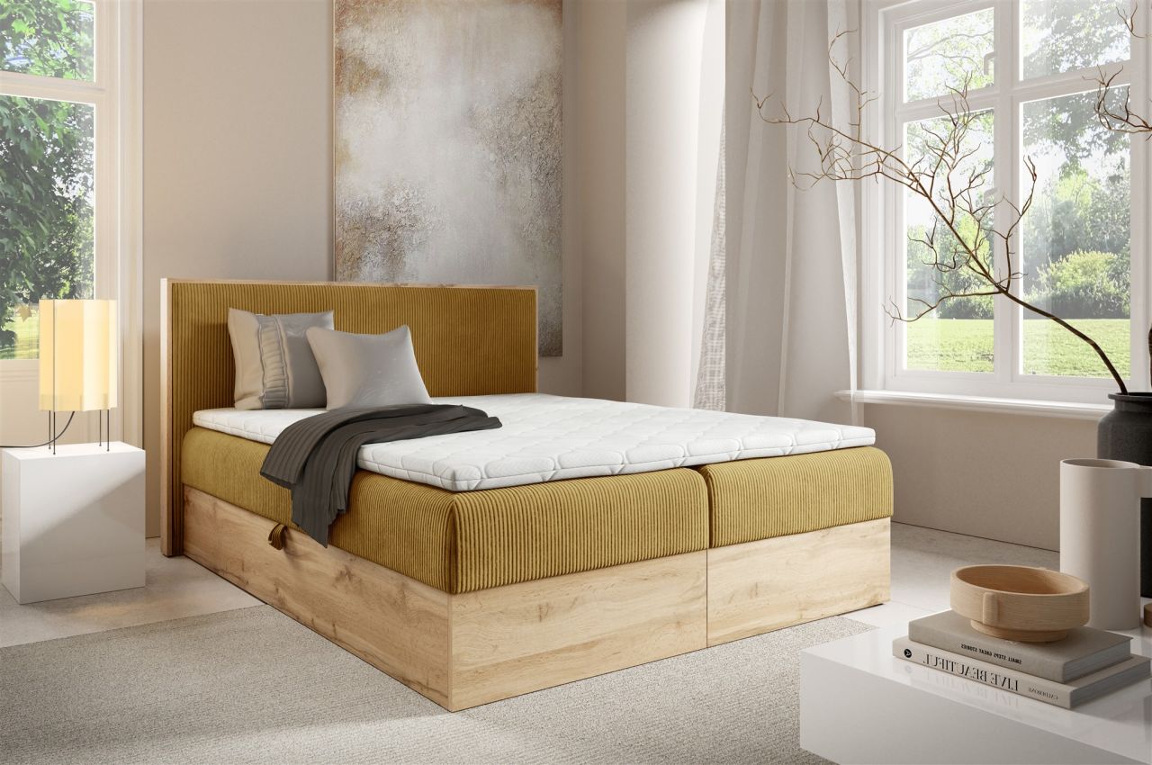 Boxspringbett Schlafzimmerbett ROLAND 180x220cm in Stoff Lincoln Honiggelb von Fun Möbel