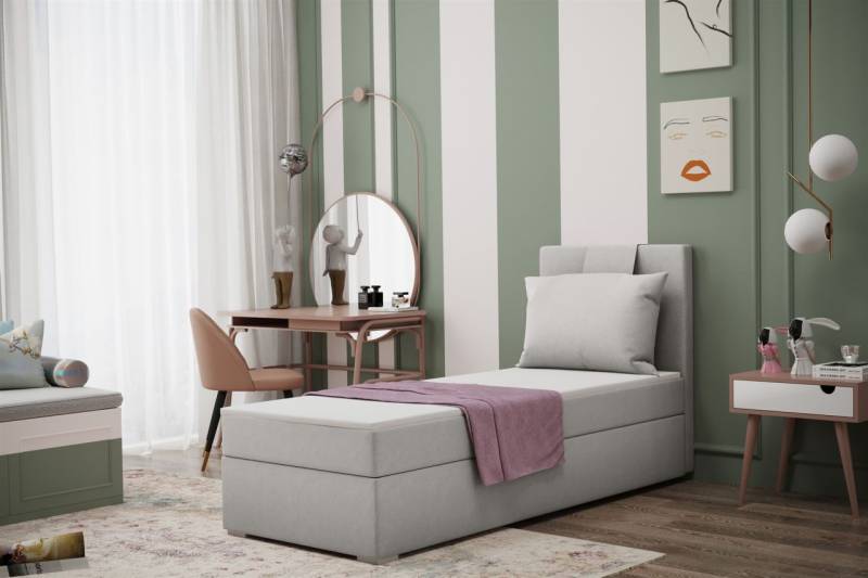 Boxspringbett Schlafzimmerbett SALMA 80x200cm in Stoff Soro Hellgrau von Fun Moebel