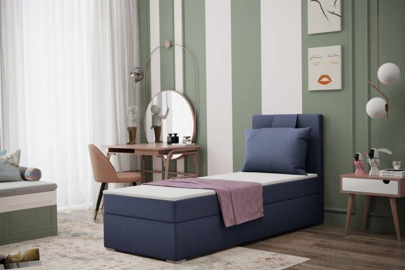Boxspringbett Schlafzimmerbett SALMA 90x200cm in Stoff Soro Blau von Fun Moebel