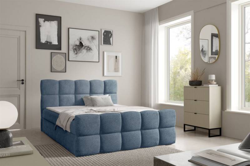Boxspringbett Schlafzimmerbett SATINE 200x200cm Stoff Coral Himmelblau von Fun Möbel