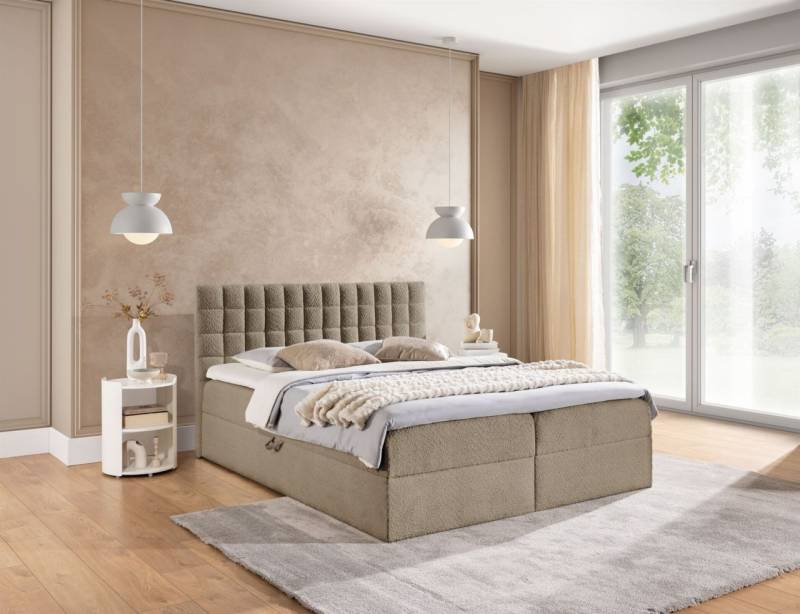 Boxspringbett Schlafzimmerbett TORIBO 160x200cm Stoff Coral Dunkelbeige von Fun Möbel