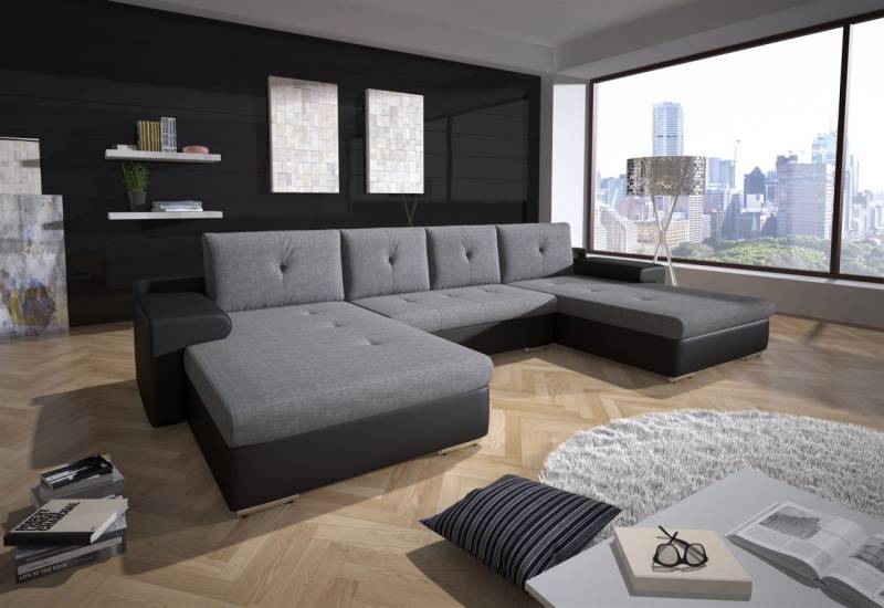 Couchgarnitur FLORENZ U-Form mit Schlaffunktion Schwarz / Hellgrau von Fun Moebel
