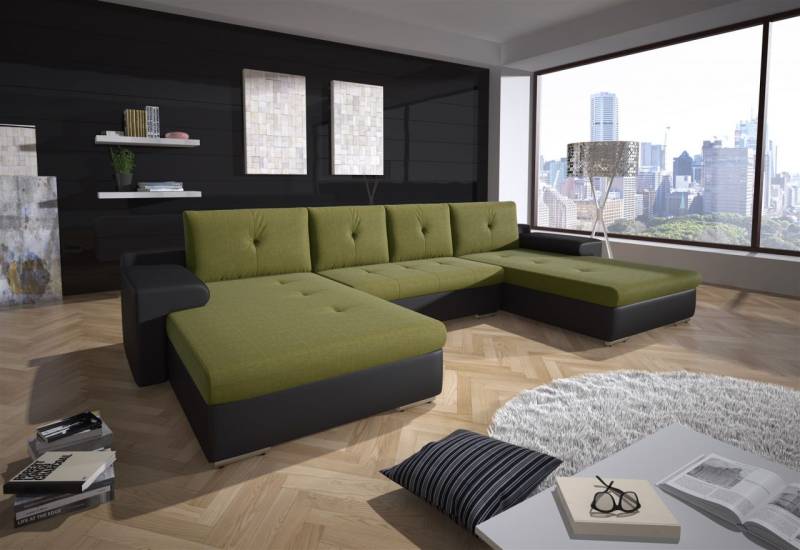 Couchgarnitur FLORENZ U-Form mit Schlaffunktion Schwarz / Olivgrün von Fun Moebel