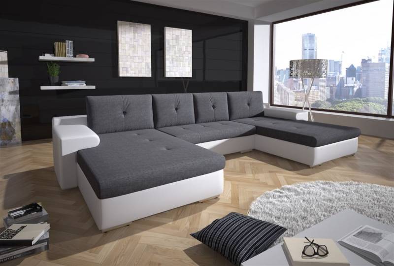 Couchgarnitur FLORENZ U-Form mit Schlaffunktion Weiss / Dunkelgrau von Fun Moebel