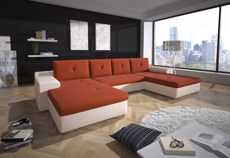 Couchgarnitur FLORENZ U-Form mit Schlaffunktion Weiss / Orange von Fun Moebel