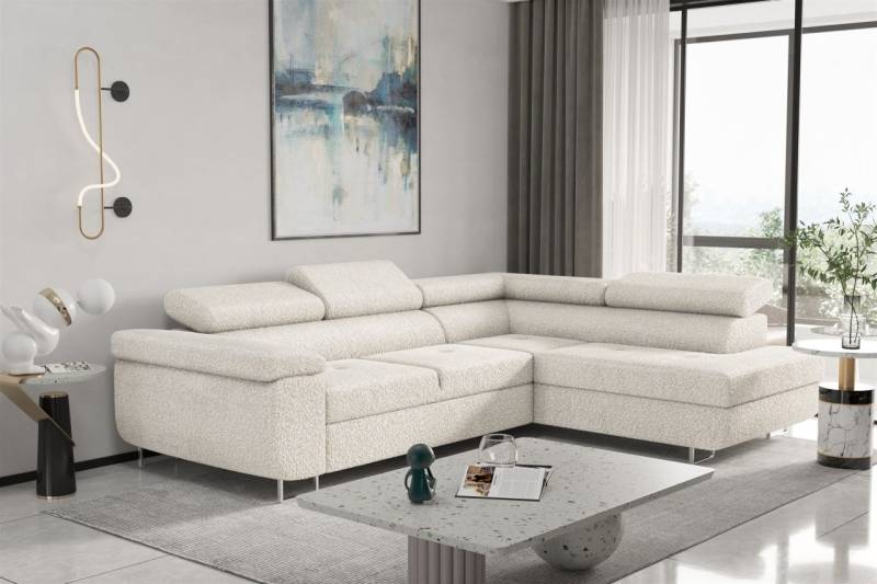 Couchgarnitur JADE Stoff Beige mit Schlaffunktion Ottomane Rechts von Fun Moebel