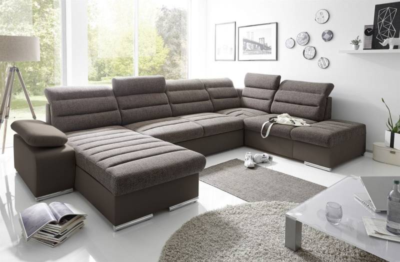Couchgarnitur PASCARA U-Form mit Schlaffunktion-Braun /Ottomane Links von Fun Moebel