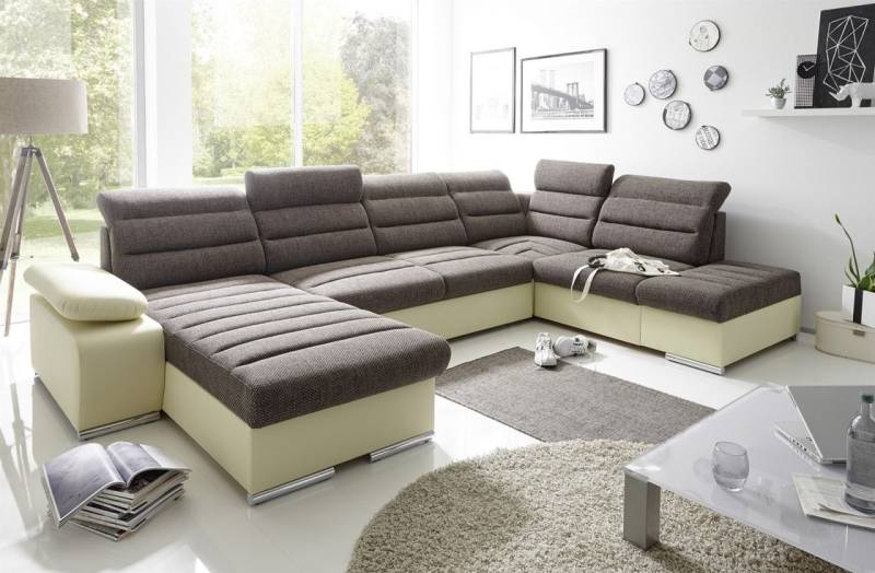 Couchgarnitur PASCARA U-Form mit Schlaffunktion-Creme /Ottomane Links von Fun Moebel