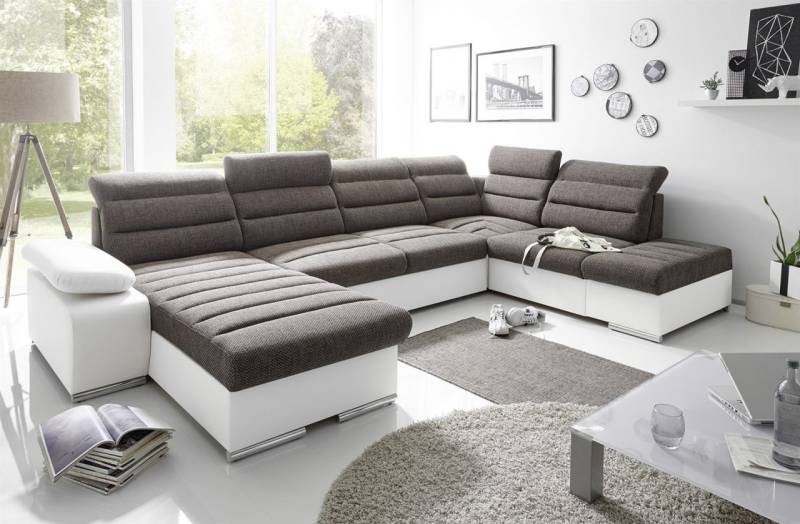 Couchgarnitur PASCARA U-Form mit Schlaffunktion-Weiss /Ottomane Links von Fun Moebel