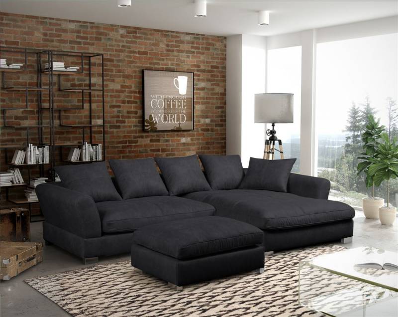 Couchgarnitur TIZIAN L-Form Wildlederoptik- Anthrazit / Rechts+ Hocker von Fun Moebel