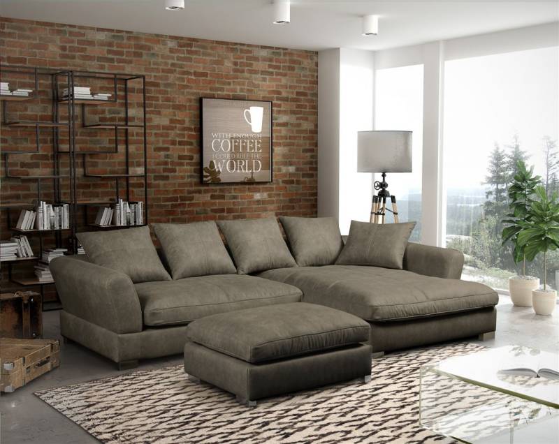 Couchgarnitur TIZIAN L-Form Wildlederoptik-Grau/Otto..Rechts + Hocker von Fun Moebel