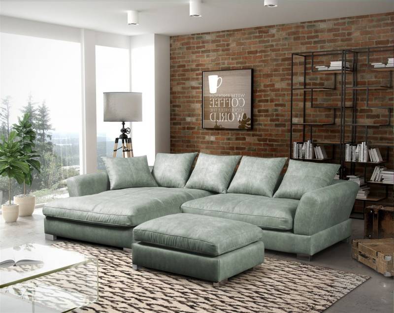 Couchgarnitur TIZIAN L-Form Wildlederoptik- Hellgrau / Links + Hocker von Fun Moebel