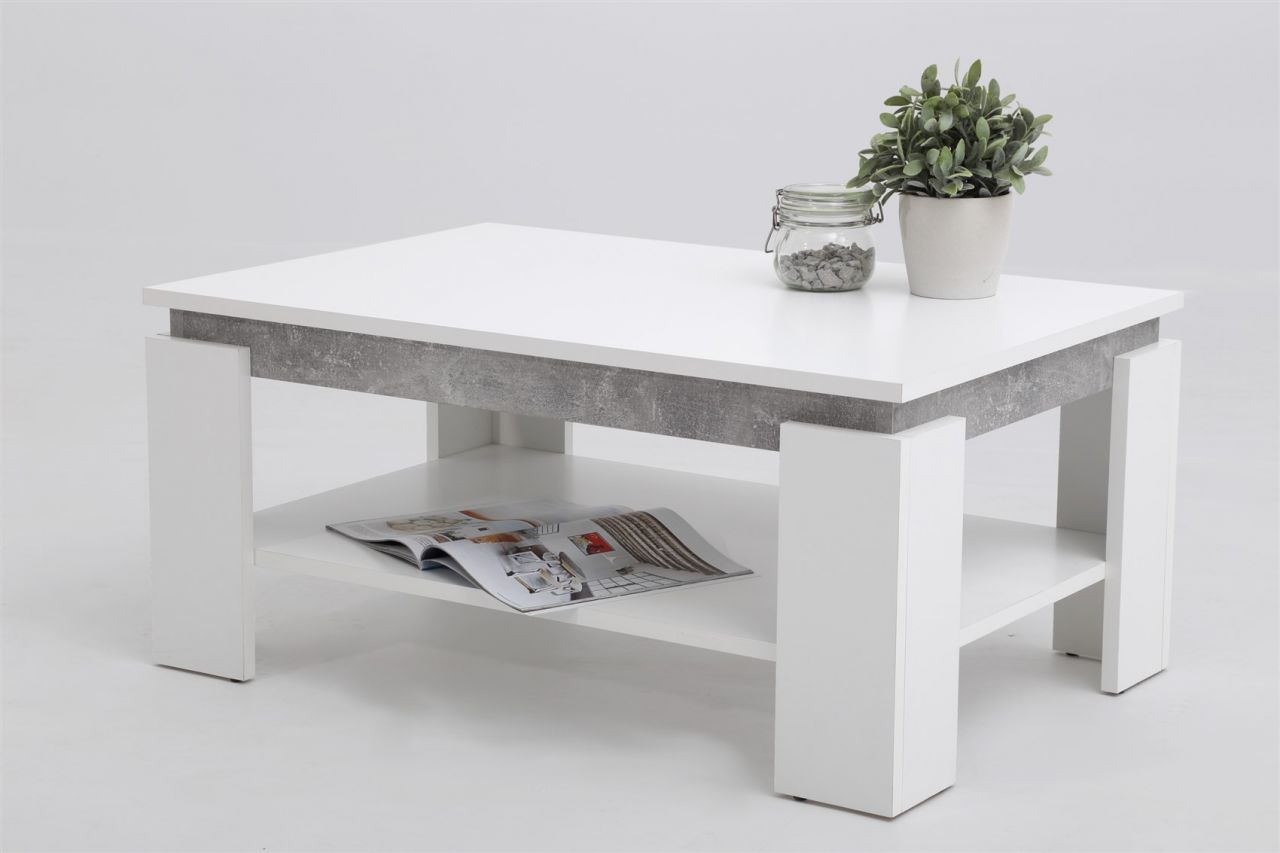 Couchtisch TIMO 2- 90x60 cm mit Ablageboden Weiss / Beton von Fun Moebel