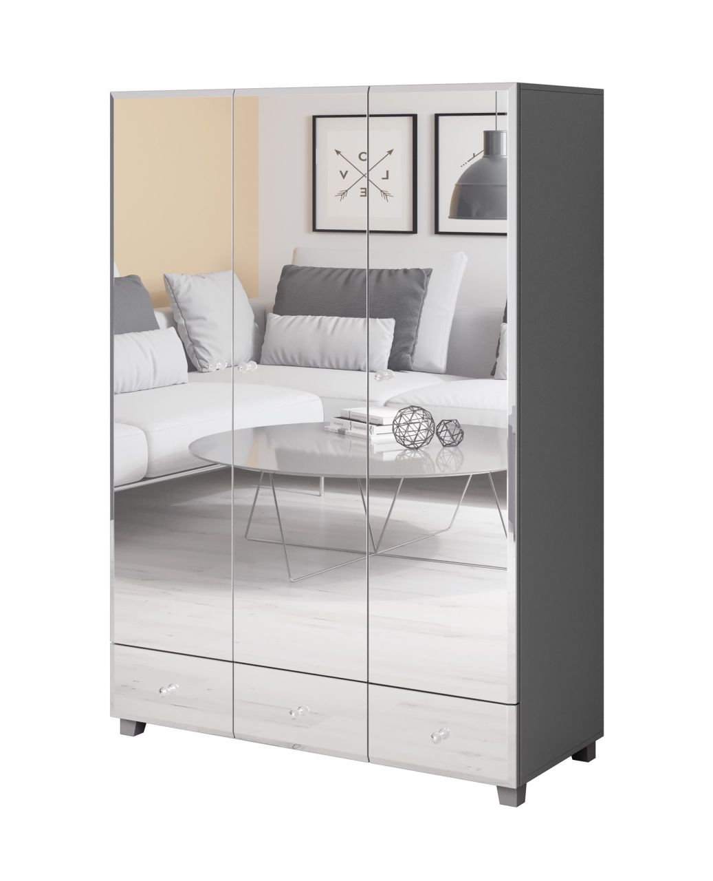 Drehtürenschrank Schrank SHINE Grau-Spiegel 126x185 cm von Fun Moebel