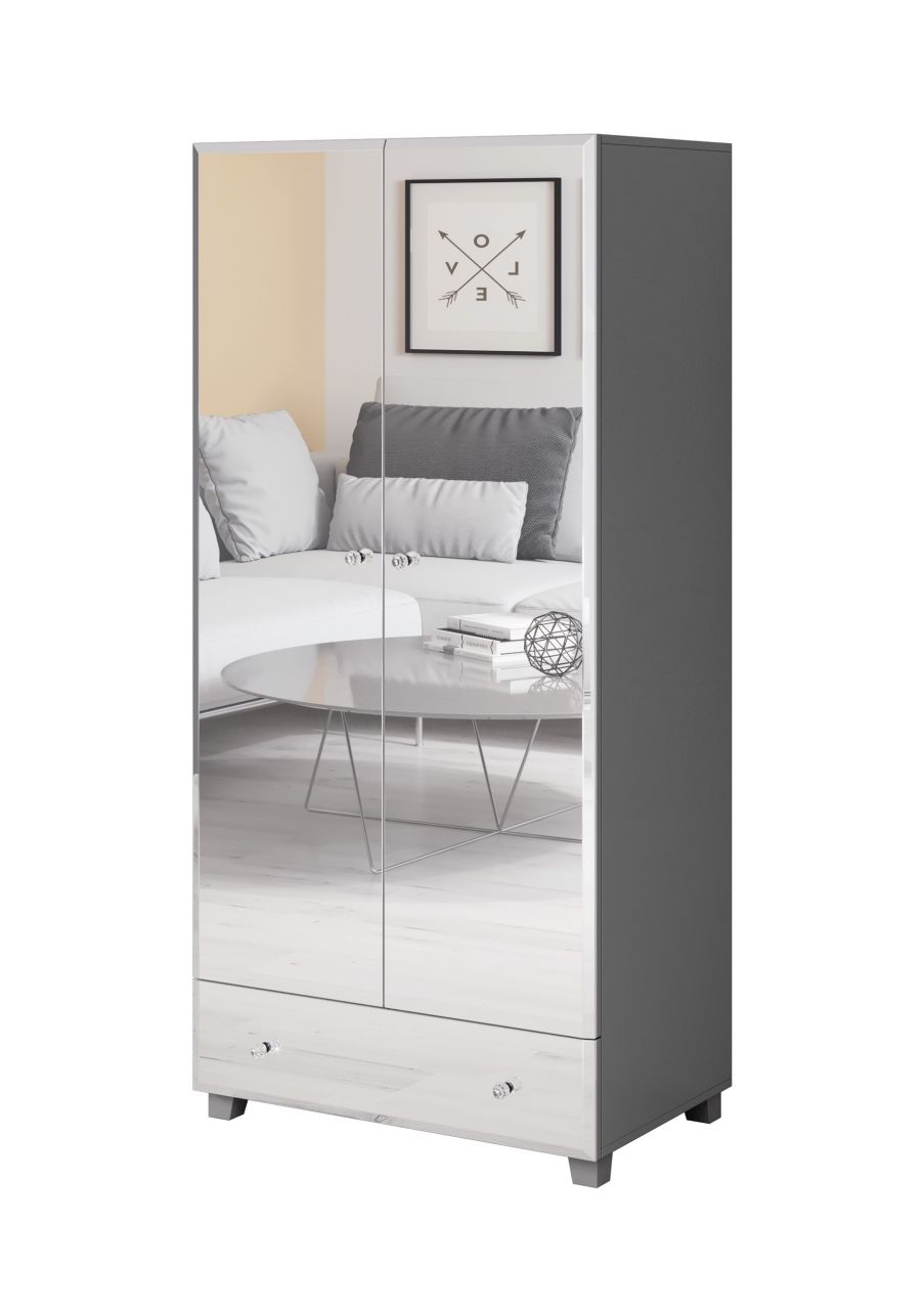 Drehtürenschrank Schrank SHINE Grau-Spiegel 86x185 cm von Fun Moebel