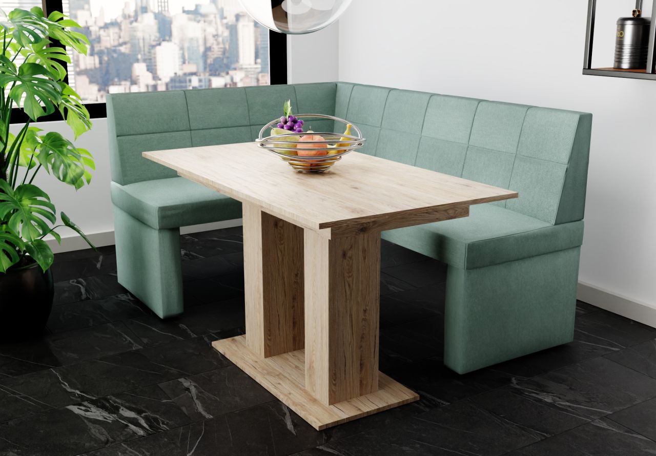 Eckbankgruppe 168x128 cm BLAKE R Stoff Soro Türkis / Esstisch DANTE Sonoma Eckbankgruppe 168x128 cm BLAKE R Stoff Soro Türkis / Esstisch DANTE Sonoma von Fun Möbel