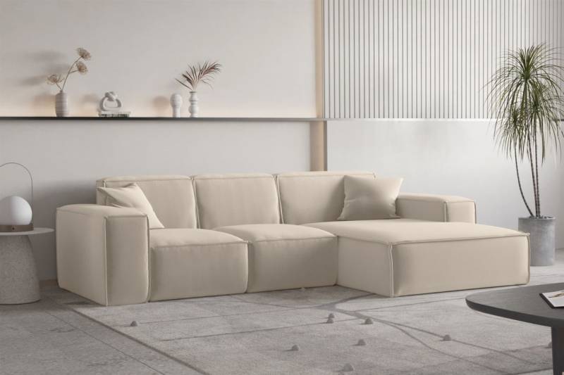Ecksofa CELES PREMIUM in Stoff Opera Velvet Beige Ottomane Rechts / Speed von Fun Moebel