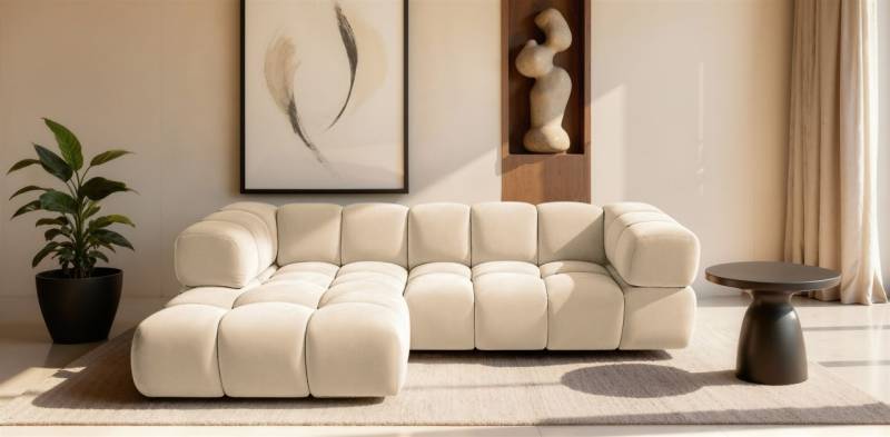 Ecksofa Designersofa BLANCHE in Stoff Bluvel Creme Ottomane Links Ecksofa Designersofa BLANCHE in Stoff Bluvel Creme Ottomane Links von Fun Möbel