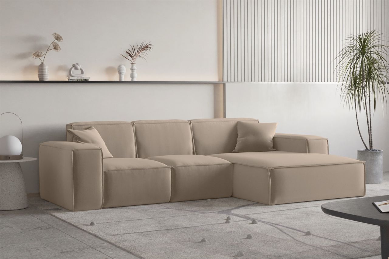 Ecksofa Designersofa CELES PREMIUM Stoff Opera Velvet Sand Ottomane Rechts von Fun Moebel