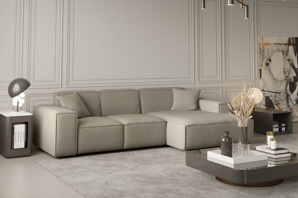 Ecksofa Designersofa CELES in Stoff Opera Velvet Creme Ottomane Rechts von Fun Moebel