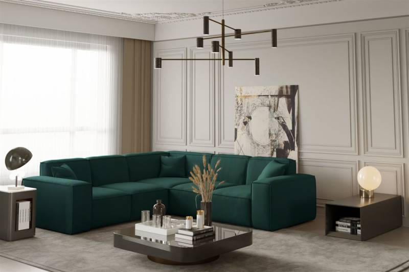 Ecksofa Designersofa CELES in Stoff Opera Velvet Opalgrün Seite Universal von Fun Moebel