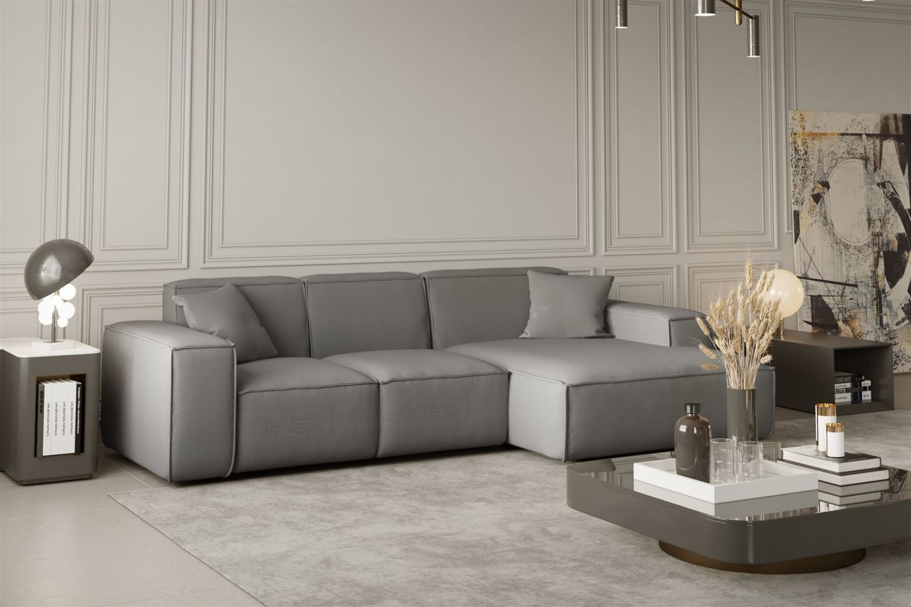 Ecksofa Designersofa CELES in Stoff Opera Velvet Silbergrau Ottomane Rechts von Fun Moebel