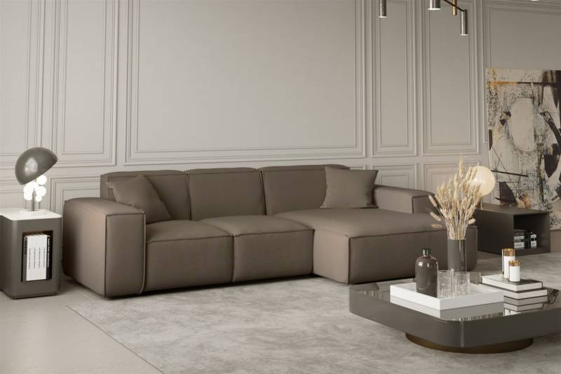Ecksofa Designersofa CELES in Stoff Opera Velvet Taupe Ottomane Rechts von Fun Moebel
