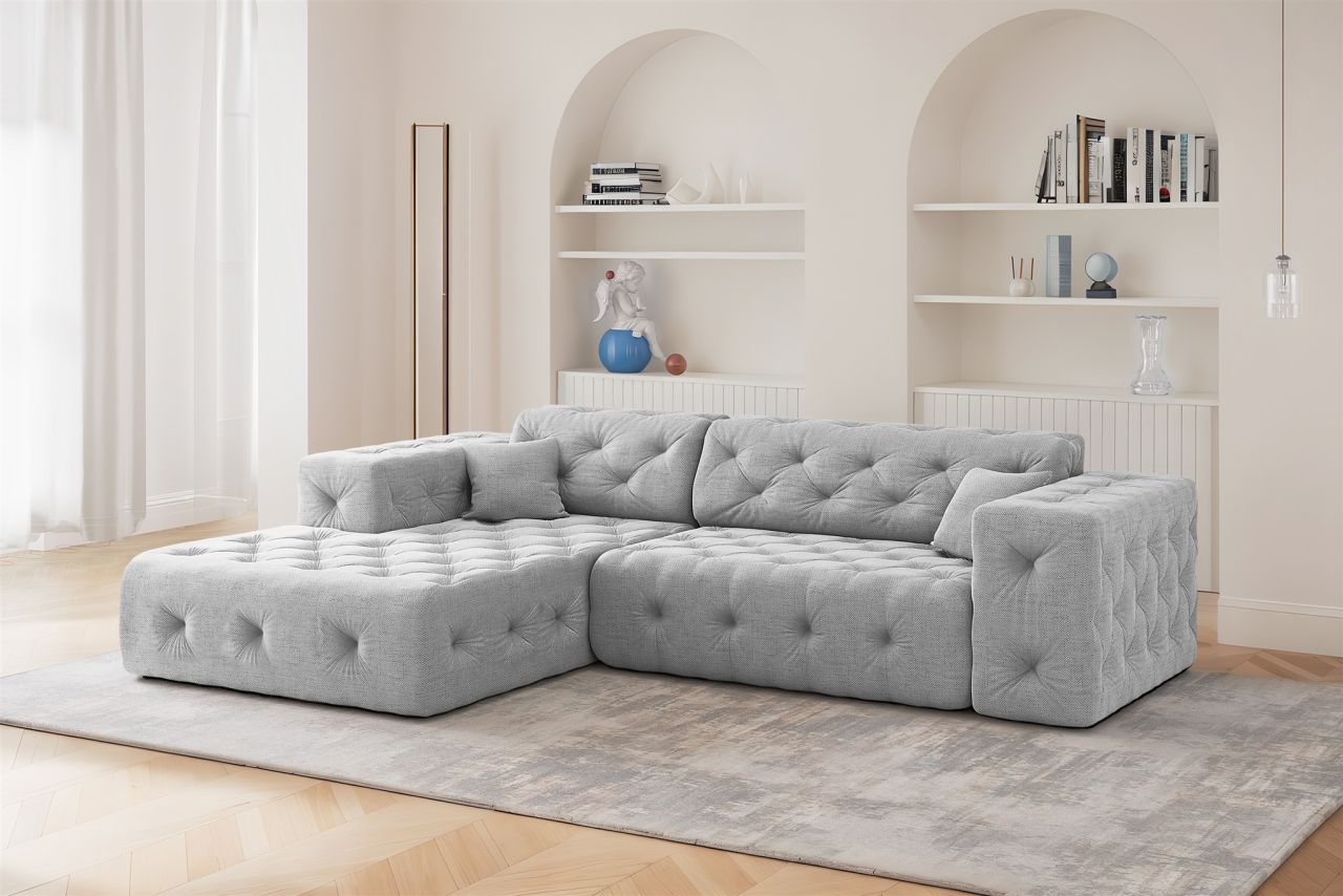 Ecksofa Designersofa CHANTAL in Stoff Moly Hellgrau Ottomane Links von Fun Moebel