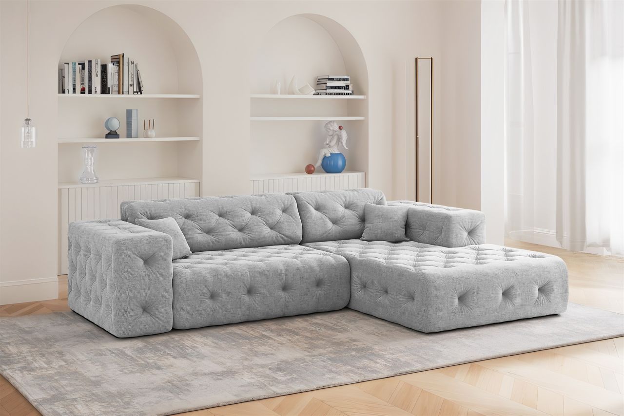 Ecksofa Designersofa CHANTAL in Stoff Moly Hellgrau Ottomane Rechts von Fun Moebel