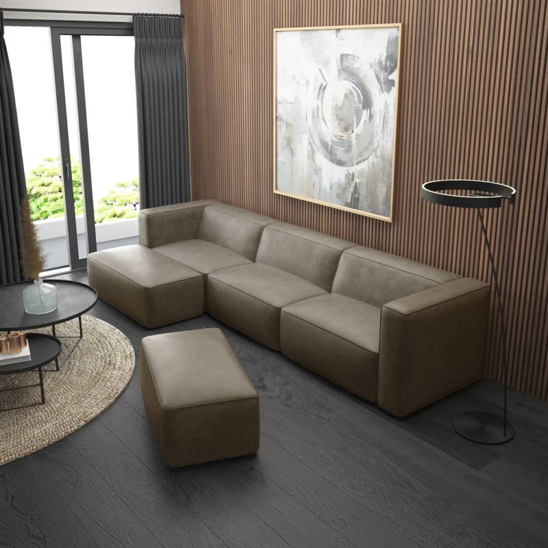 Ecksofa Designersofa HELMER inkl. Hocker in Stoff Pola Braun Ottomane Links von Fun Möbel
