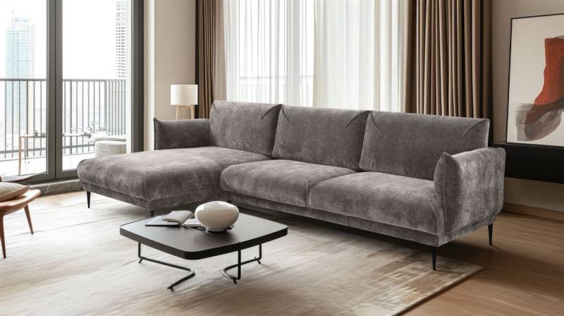 Ecksofa Designersofa MADISON XL in Stoff Dress Me Hellgrau Ottomane Links von Fun Möbel
