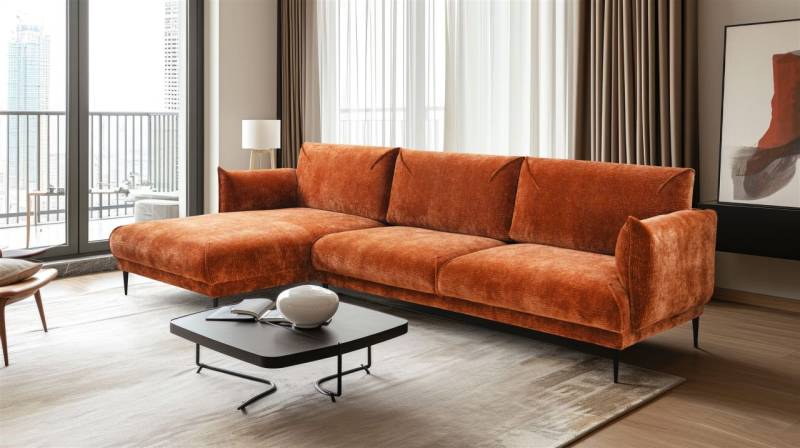 Ecksofa Designersofa MADISON XL in Stoff Dress Me Kupfer Ottomane Links von Fun Möbel