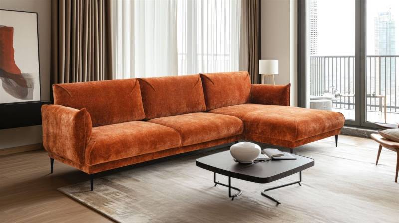 Ecksofa Designersofa MADISON XL in Stoff Dress Me Kupfer Ottomane Rechts von Fun Möbel