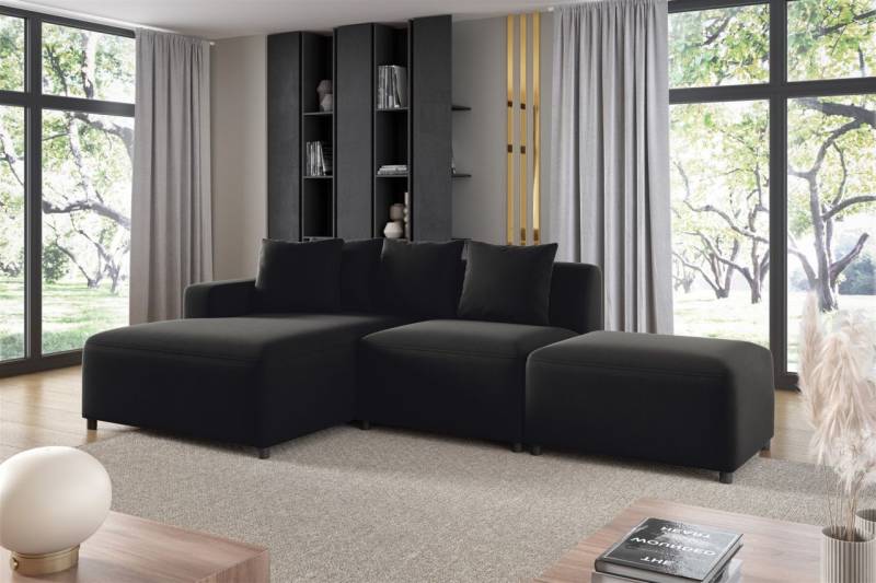Ecksofa Designersofa MEGAN XS inkl. Hocker Stoff Salvador Schwarz Ottomane Links von Fun Möbel